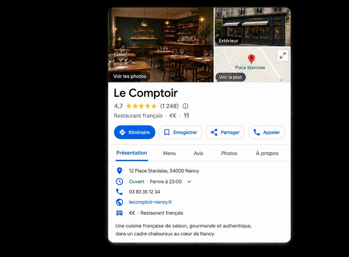 Exemple de fiche Google Business Profile bien optimisée pour un restaurant