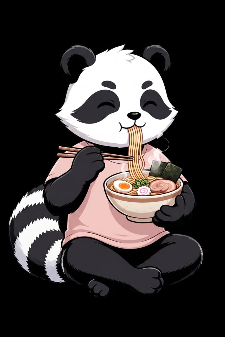 Nook, la mascotte Nooki, dégustant des nouilles