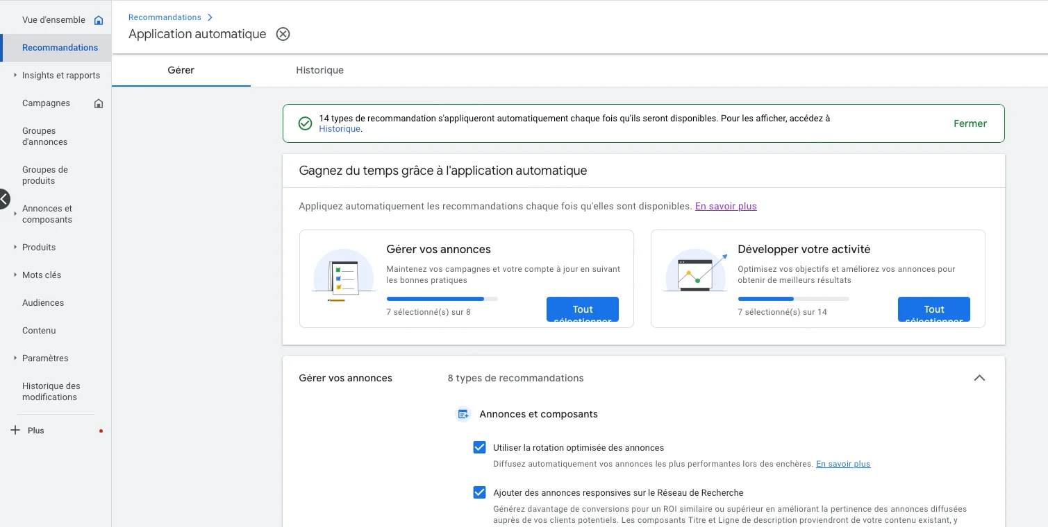 applications automatiques google ads