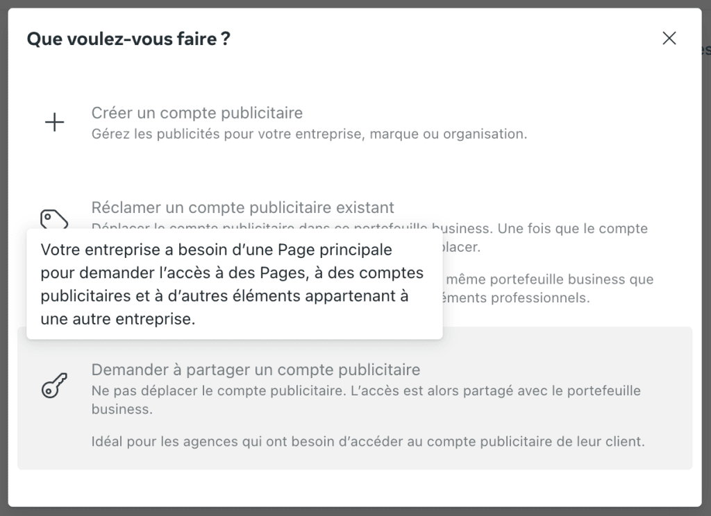bug business manager: votre entreprise a besoin d'une page principale pour demander l'accès à des pages, à des comptes publicitaires et à d'autres éléments appartenants à une entreprise.
