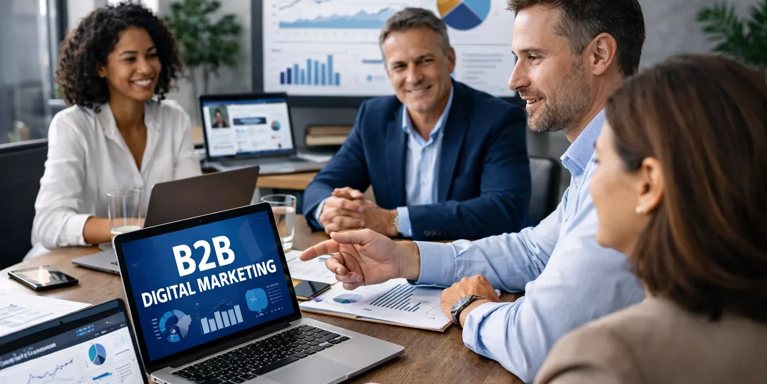 Équipe marketing en réunion autour d’un ordinateur analysant une stratégie de marketing digital B to B avec des graphiques SEO et des données de performance.