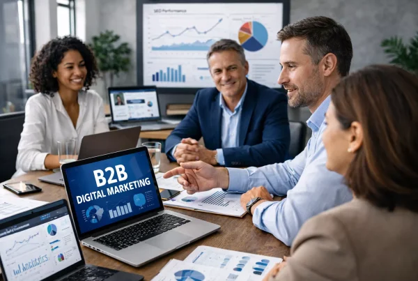 Équipe marketing en réunion autour d’un ordinateur analysant une stratégie de marketing digital B to B avec des graphiques SEO et des données de performance.